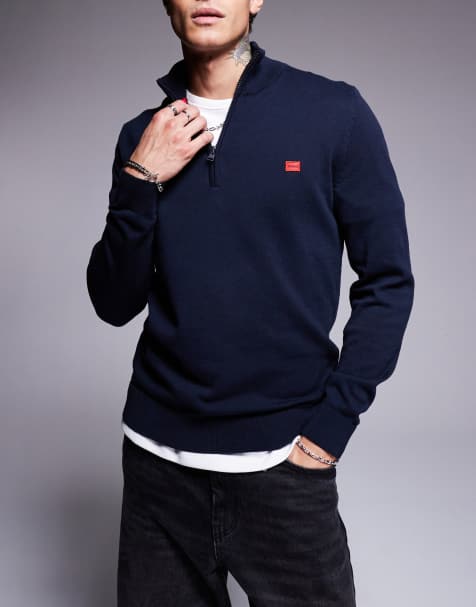 HUGO Red – San Quintus – Strickpullover in Marineblau mit kurzem Reißverschluss - view 1