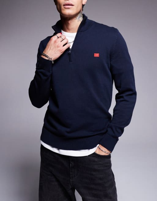 HUGO Red – San Quintus – Strickpullover in Marineblau mit kurzem Reißverschluss
