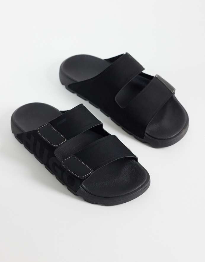 Hugo Red Sandalias azul oscuro con logo y tiras dobles con cierre doble adhesivo