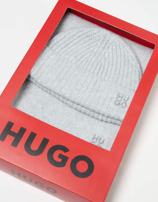 HUGO Red sarmi scarf and beanie set in grey