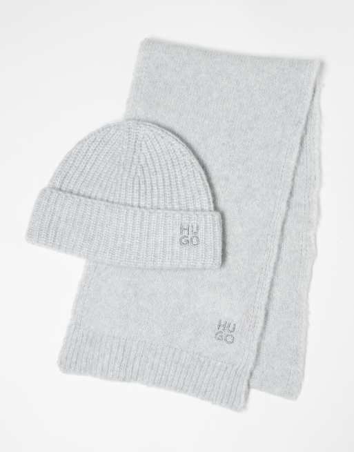 HUGO Red Sarmi scarf and beanie set in grey, 3 of 4