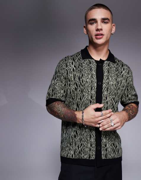 HUGO RED Sgeo snakeskin pattern button through short sleeve knit polo in light green