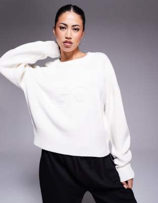 Hugo Red HUGO Red sisminye stacked logo jumper in cream-White