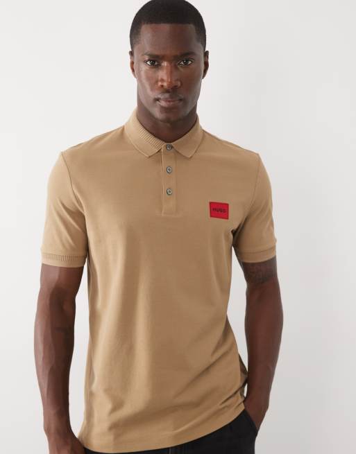HUGO Red slim fit polo shirt with red box chest logo in beige, 3 of 5