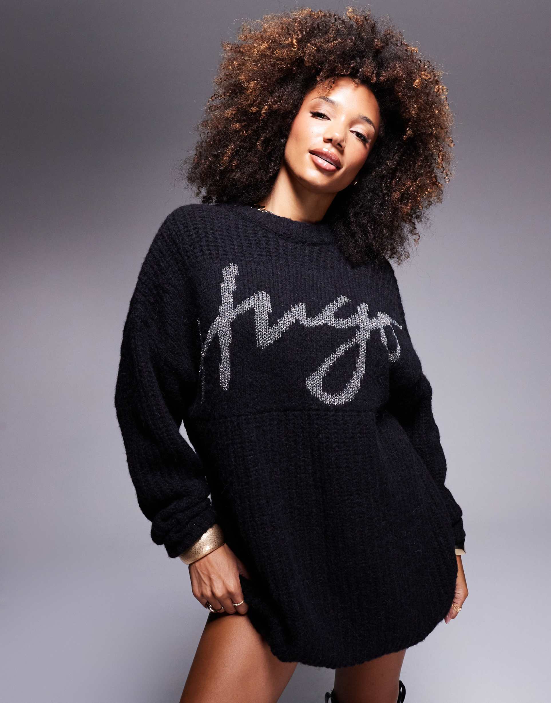 hugo red sloguessy oversized knit dress sweater in black with logo print