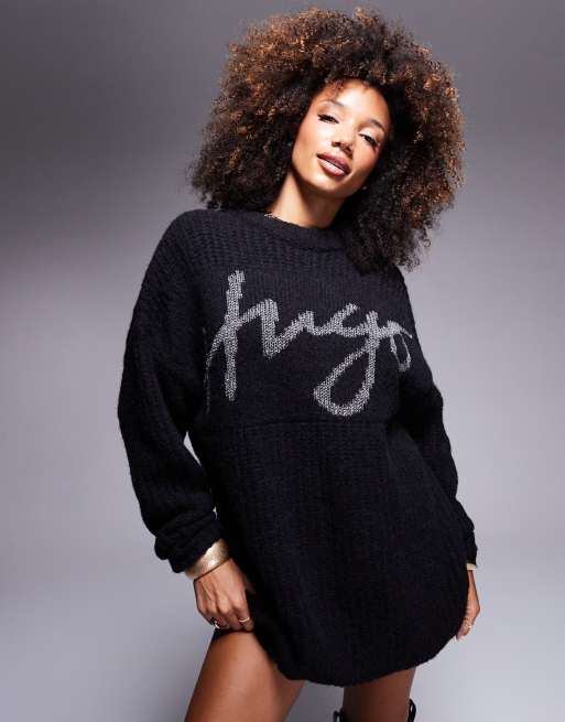 HUGO Red Sloguessy oversized knitted dress jumper in black with logo print, 2 of 4