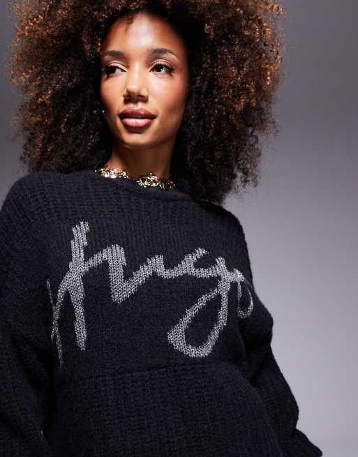 HUGO Red Sloguessy oversized knitted dress jumper in black with logo print, 4 of 4