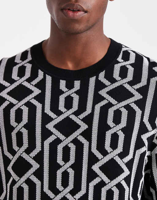 HUGO Red – Souvawn – Strickpullover in Schwarz mit silberfarbenem Kettengliedermuster, 5 von 5