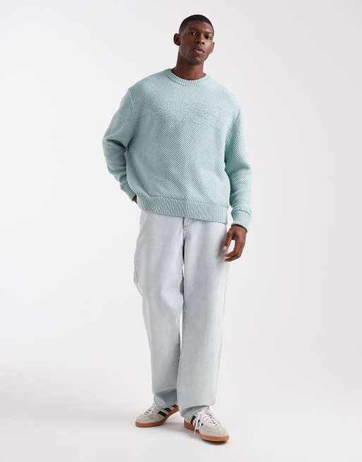 HUGO RED Splinden  contrast logo oversized asymetric knit jumper in light green, 2 of 5