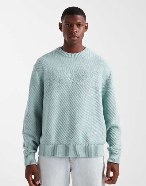 HUGO RED Splinden contrast logo oversized asymmetric knit sweater in light green - view 1