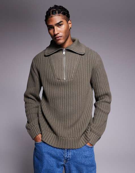 HUGO Red – Srigg – Gerippter Strickpullover in Grau mit kurzem Reißverschluss - view 1