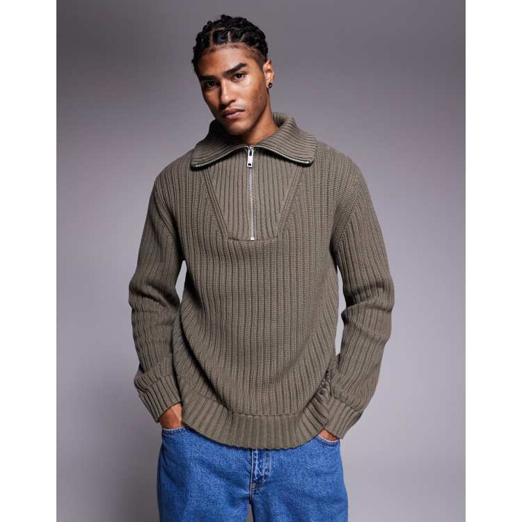 HUGO Red Srigg half zip ribbed knit sweater in gray | ASOS
