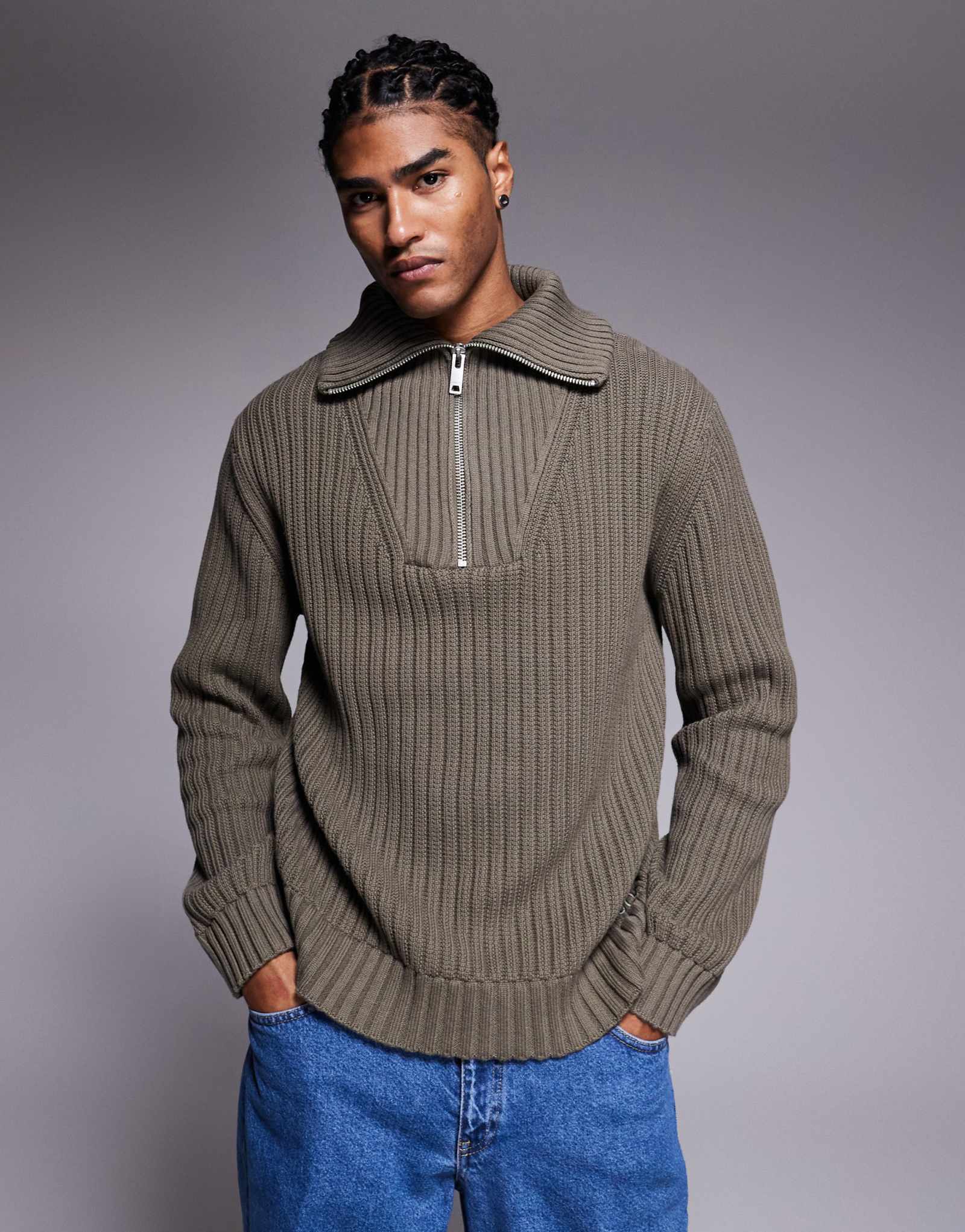 Серый трикотажный свитер в рубчик на молнии HUGO Red Srigg серого цвета