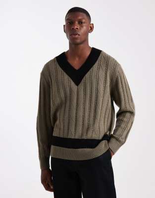 HUGO Red - Stiggid - Pull oversize à col en V en maille torsadée - Gris moyen