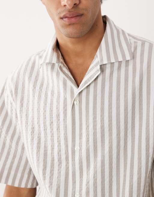 HUGO Red striped oversized shirt in light brown, 4 of 5