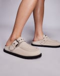 [Hugo Red] Hugo Red suede clogs with buckle detail in stone-Neutral 37 Natural
