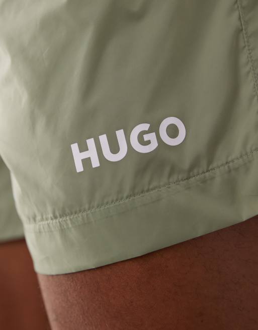 HUGO Red swim shorts with logo print in dark green, 2 of 5