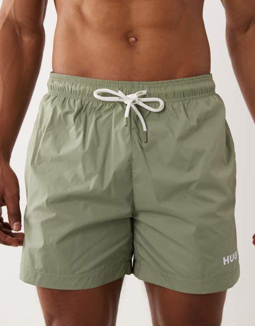HUGO Red swim shorts with logo print in dark green, 5 of 5