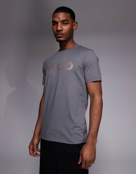 HUGO Red – T-Shirt aus Baumwolljersey in Dunkelgrau mit Logoprint - view 1