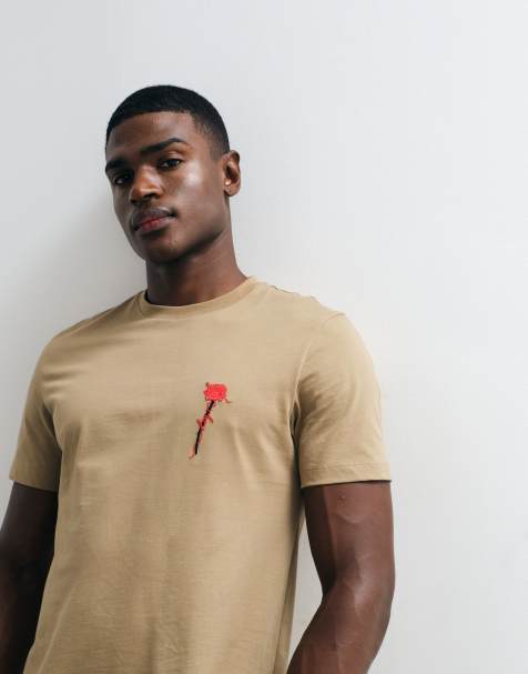 HUGO Red - T-shirt classique avec imprimé rose sur la poitrine - Beige - view 1