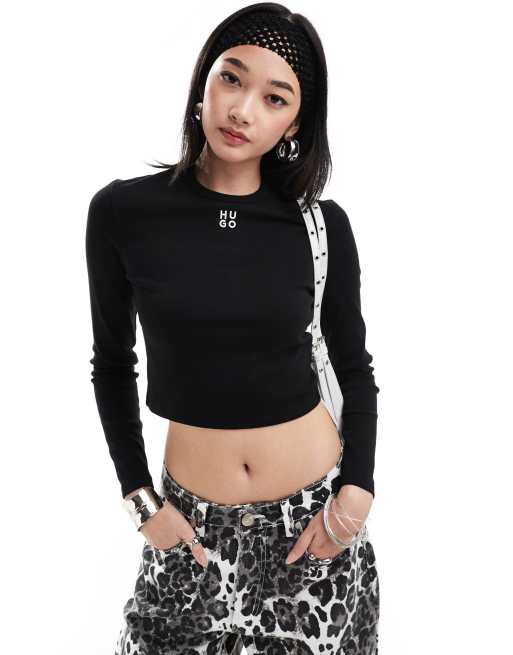 HUGO Red - T-shirt crop top à manches longues - Noir