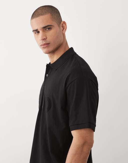 HUGO Red - T-shirt oversize nera con stampa del logo (colletto con bottoni), 4 di 5