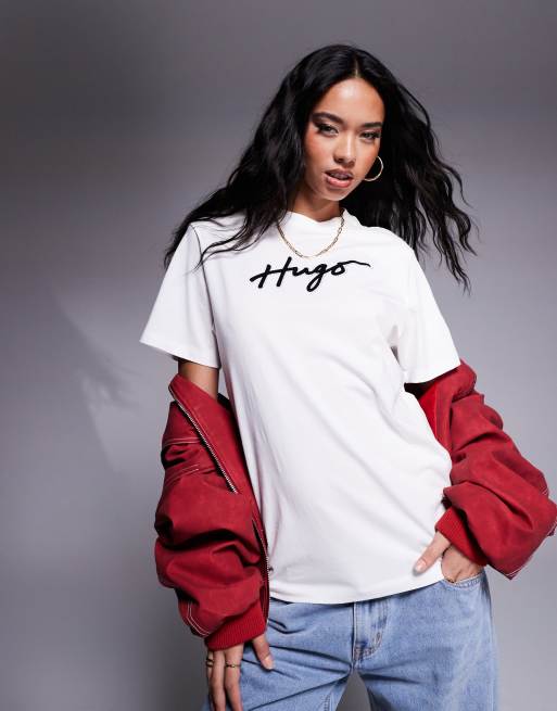 HUGO Red - T-shirt oversize vintage bianca con stampa del logo e dettagli di strass