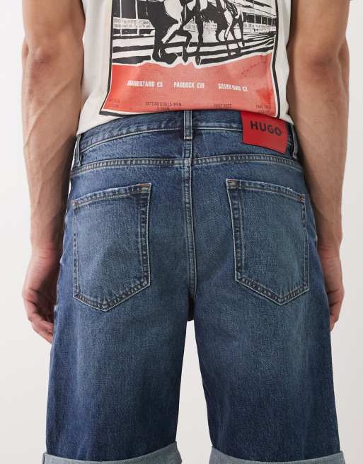 HUGO Red tapered denim shorts in mid blue , 5 of 5