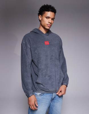 Hugo Red Terry Central Logo Relaxed Fit Lounge Hoodie In Grey