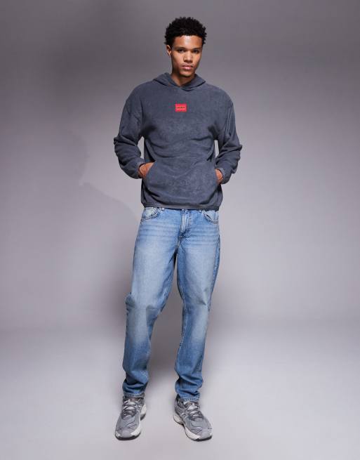 HUGO RED Terry central logo relaxed fit lounge hoodie in dark grey, 2 of 5