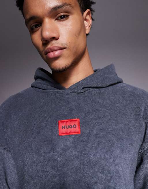 HUGO RED Terry central logo relaxed fit lounge hoodie in dark grey, 5 of 5