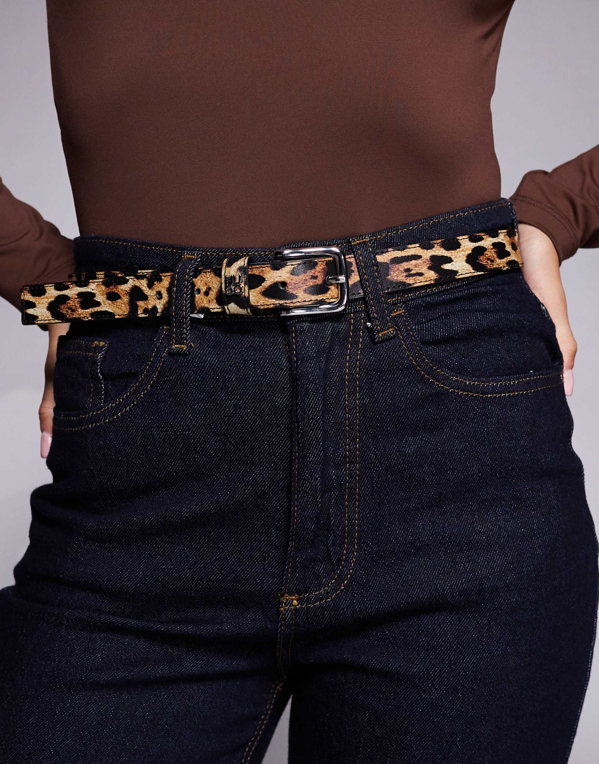hugo red tina belt in leopard-print brown