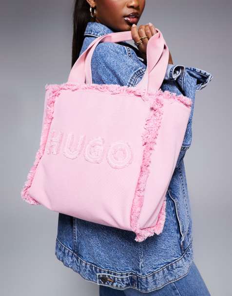 Hugo Red tote bag in pink with frayed edging - view 1
