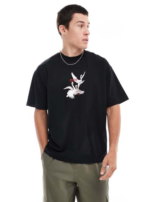 HUGO Red x Les Benjamins - Oversized T-shirt met zwanen- en logoprint in zwart