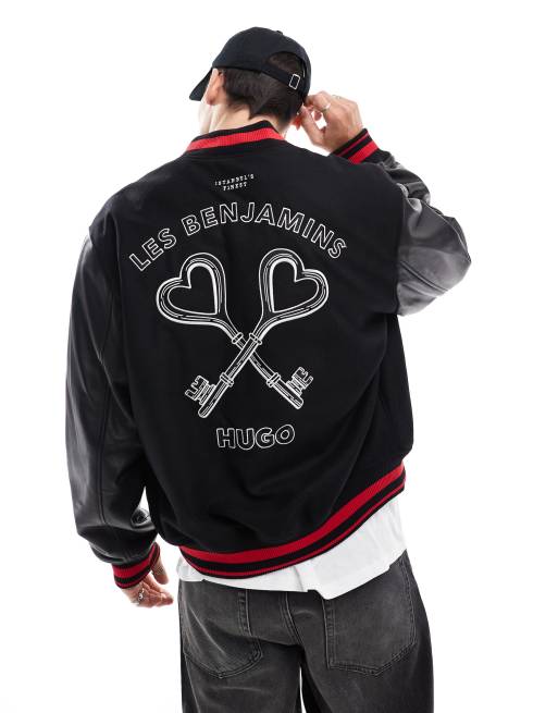 HUGO Red x Les Benjamins varsity bomber jacket in black with leather sleeves and placement embroidery, 2 of 4