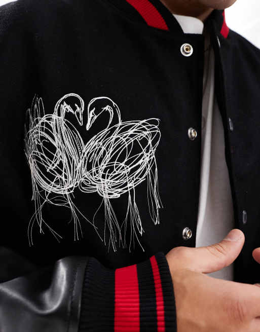 HUGO Red x Les Benjamins varsity bomber jacket in black with leather sleeves and placement embroidery, 3 of 4