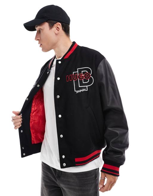 HUGO Red x Les Benjamins varsity bomber jacket in black with leather sleeves and placement embroidery, 4 of 4