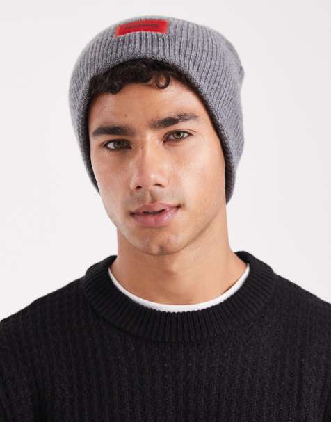 HUGO RED - Xaff - Gebreide beanie met logolabel in middengrijs - view 1