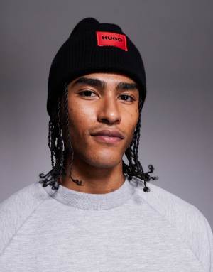 HUGO RED Xaff label logo knit beanie in black