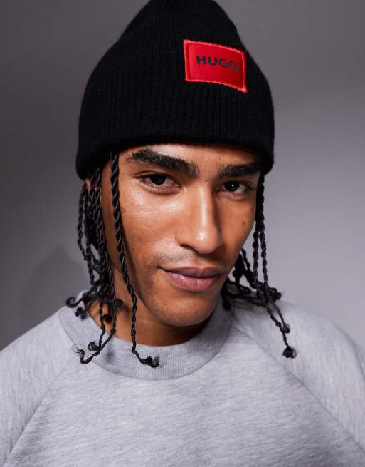HUGO RED Xaff label logo knit beanie in black, 3 of 3