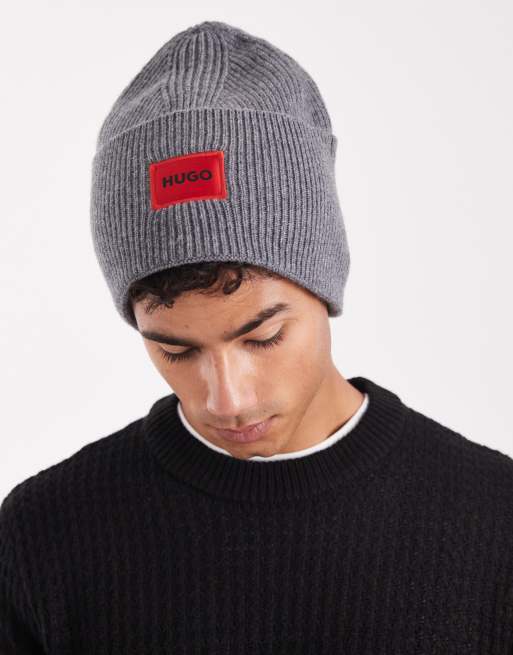 HUGO RED Xaff label logo knit beanie in mid grey ASOS