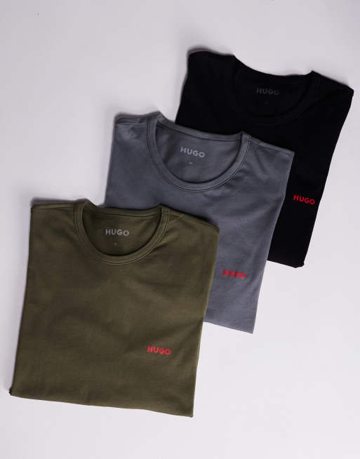 HUGO Red – Zestaw 3 domowych T-shirtów z długimi rękawami w kolorach szarym, zielonym i czarnym z logo