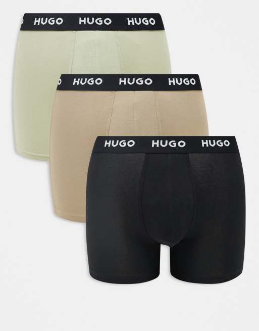 HUGO Red – Zestaw 3 par bokserek w kolorach czarnym, jasnozielonym i brązowym z czarną taśmą w talii z logo