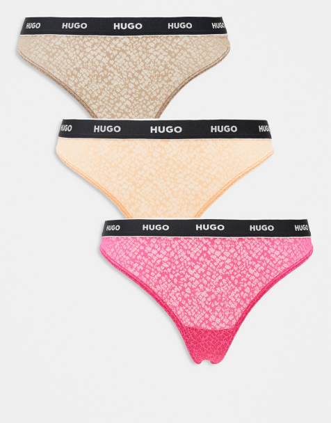 Hugo Red 3-pack lace thongs with logo waistband in pink, orange and brown