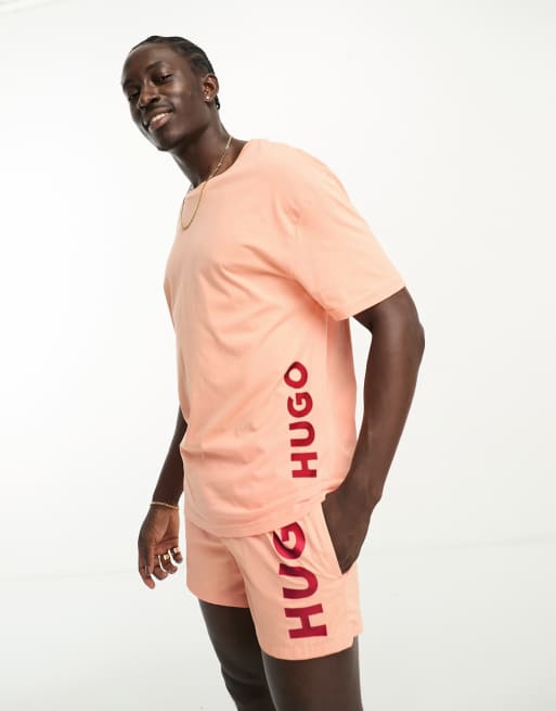 HUGO relaxed beach t shirt in light pastel red ASOS