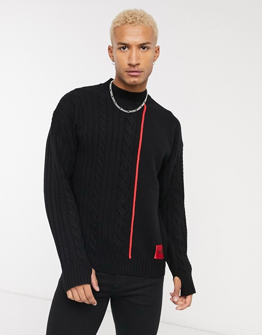 HUGO Scablo cable knitted taped jumper in black