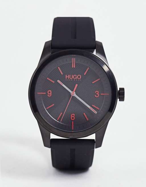 HUGO silicone strap watch in black and red