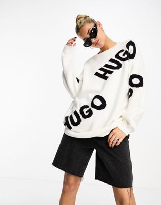 HUGO Slaria repeat logo jumper in white - ASOS Price Checker