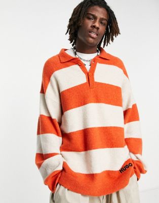 HUGO Slog polo style jumper in dark orange and off white stripe