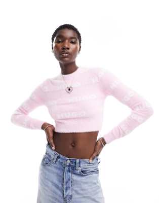 HUGO Slotelle cropped monogram jumper in pink